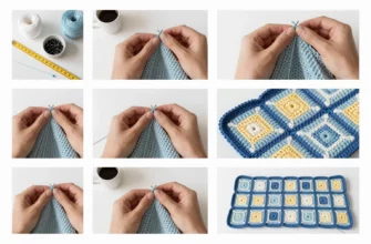 A detailed step-by-step guide on how to make a weighted blanket using crochet and knitting techniques. The image should show various stages of the process, including selecting materials, measuring and cutting fabric, crocheting or knitting the blanket cover, adding weights, and finishing touches. Include close-up shots of the crochet and knitting stitches, as well as the final product laid out flat.