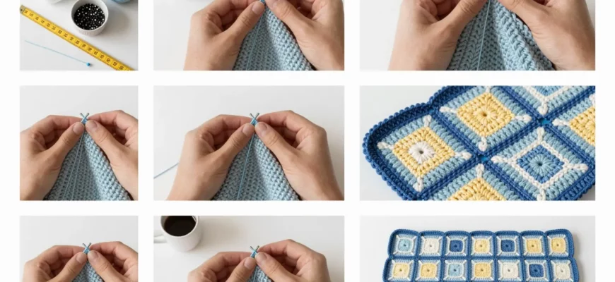 A detailed step-by-step guide on how to make a weighted blanket using crochet and knitting techniques. The image should show various stages of the process, including selecting materials, measuring and cutting fabric, crocheting or knitting the blanket cover, adding weights, and finishing touches. Include close-up shots of the crochet and knitting stitches, as well as the final product laid out flat.