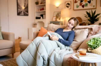 A serene and inviting scene of a person sitting on a cozy couch in a well-lit living room, holding a weighted blanket. The blanket is draped over their lap, and they appear relaxed and content. The room is decorated with soft, warm colors and comfortable furniture, creating a calming atmosphere. A small table nearby holds a cup of tea and a book, suggesting a peaceful moment of relaxation.