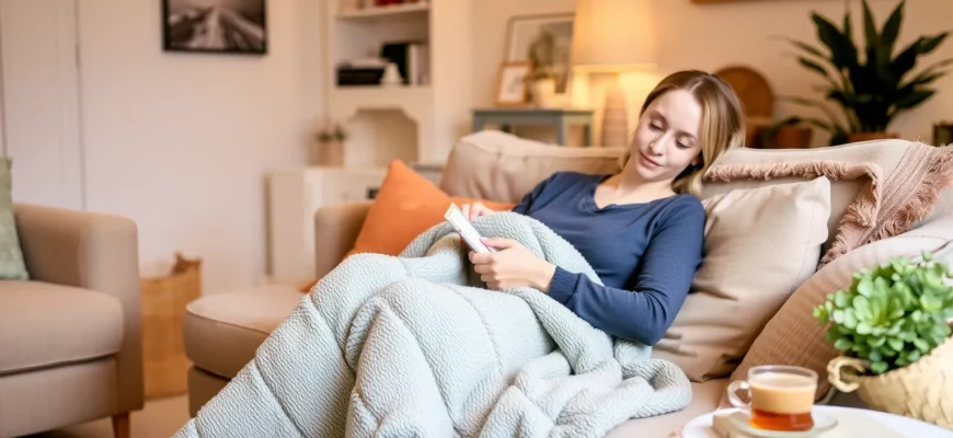 A serene and inviting scene of a person sitting on a cozy couch in a well-lit living room, holding a weighted blanket. The blanket is draped over their lap, and they appear relaxed and content. The room is decorated with soft, warm colors and comfortable furniture, creating a calming atmosphere. A small table nearby holds a cup of tea and a book, suggesting a peaceful moment of relaxation.