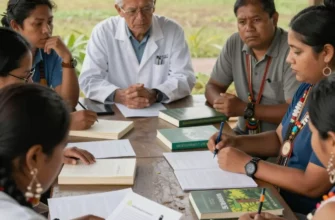 A diverse group of people (scientists, conservationists, and indigenous community members) are gathered around a table, discussing books and research papers related to rewilding. The scene should convey collaboration, knowledge sharing, and the importance of ecological restoration. Focus on a natural setting, perhaps a field or a research station.