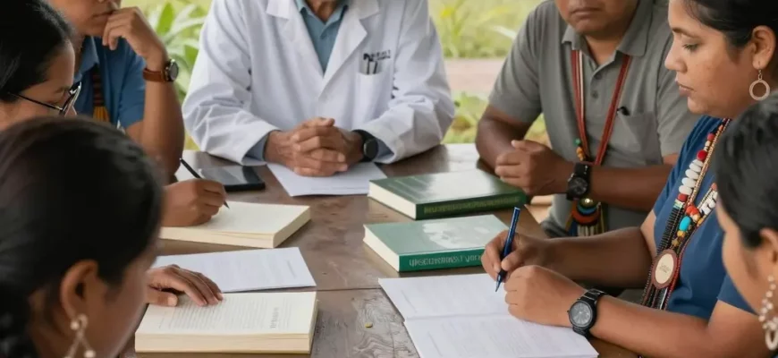 A diverse group of people (scientists, conservationists, and indigenous community members) are gathered around a table, discussing books and research papers related to rewilding. The scene should convey collaboration, knowledge sharing, and the importance of ecological restoration. Focus on a natural setting, perhaps a field or a research station.