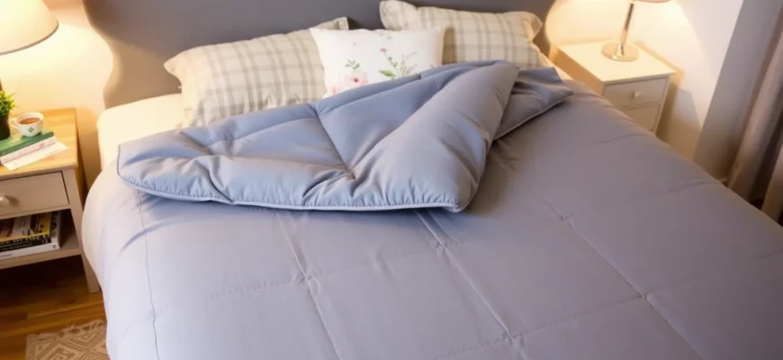 A cozy bedroom scene with a neatly made bed featuring a 9kg weighted blanket in a calming color, such as blue or grey. The blanket should be spread out evenly on the bed, with a soft pillow and a few decorative cushions. The room should have warm lighting, perhaps from a bedside lamp, and a few books or a cup of tea on the nightstand to create a relaxing atmosphere.