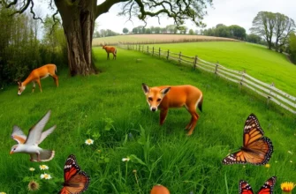 A wide-angle photograph depicting the Knepp Estate rewilding project in Sussex, UK. Show diverse wildlife – deer grazing, a fox in the undergrowth, birds in flight, and butterflies flitting around wildflowers. Focus on the lush green landscape, ancient trees, and the transformation of the farmland into a thriving ecosystem. Capture the feeling of a successful rewilding initiative.