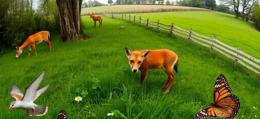 A wide-angle photograph depicting the Knepp Estate rewilding project in Sussex, UK. Show diverse wildlife – deer grazing, a fox in the undergrowth, birds in flight, and butterflies flitting around wildflowers. Focus on the lush green landscape, ancient trees, and the transformation of the farmland into a thriving ecosystem. Capture the feeling of a successful rewilding initiative.