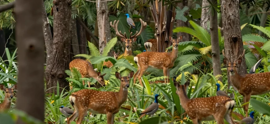 A lush, vibrant forest teeming with diverse wildlife – deer, birds, and other animals – thriving in a healthy ecosystem. Focus on the interconnectedness of the plants and animals, showcasing the forest's ability to absorb carbon dioxide and support biodiversity. Sunlight filters through the canopy, illuminating the scene.