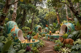 A vibrant and dynamic scene showcasing the concept of rewilding in art and design. The image should depict a lush, untamed forest with diverse flora and fauna, seamlessly blending with modern art installations and architectural designs. The forest should have a variety of trees, plants, and animals, while the art installations could include sculptures, murals, and interactive pieces that mimic natural elements. The architectural designs should incorporate organic shapes and materials, harmonizin