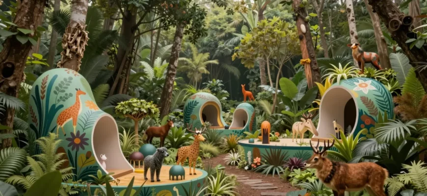 A vibrant and dynamic scene showcasing the concept of rewilding in art and design. The image should depict a lush, untamed forest with diverse flora and fauna, seamlessly blending with modern art installations and architectural designs. The forest should have a variety of trees, plants, and animals, while the art installations could include sculptures, murals, and interactive pieces that mimic natural elements. The architectural designs should incorporate organic shapes and materials, harmonizin