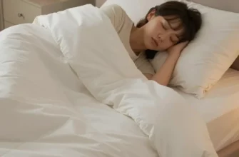 A person sleeping peacefully under a weighted blanket on a comfortable bed in a bedroom. Soft lighting, cozy atmosphere.
