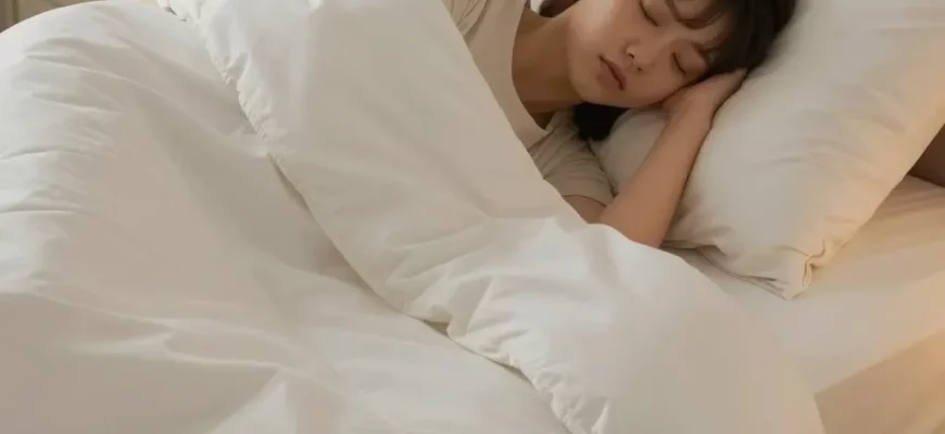 A person sleeping peacefully under a weighted blanket on a comfortable bed in a bedroom. Soft lighting, cozy atmosphere.