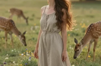 A woman in her late 30s, with long, flowing brown hair, is standing in a lush, green meadow filled with wildflowers. She is wearing simple, earthy clothing – a long dress made of natural fibers. Her expression is serene and peaceful, with a gentle smile. Sunlight filters through the trees in the background, creating a warm and inviting atmosphere. A few deer graze peacefully nearby. The overall mood is one of connection with nature and a return to primal instincts.
