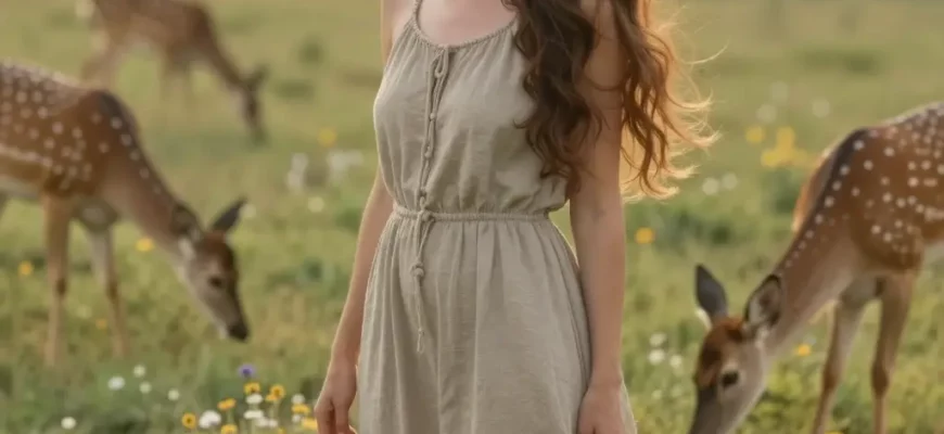 A woman in her late 30s, with long, flowing brown hair, is standing in a lush, green meadow filled with wildflowers. She is wearing simple, earthy clothing – a long dress made of natural fibers. Her expression is serene and peaceful, with a gentle smile. Sunlight filters through the trees in the background, creating a warm and inviting atmosphere. A few deer graze peacefully nearby. The overall mood is one of connection with nature and a return to primal instincts.