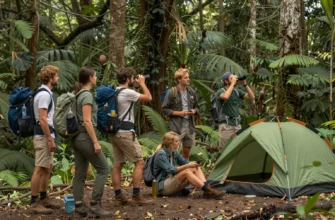 A group of adventurous travelers exploring a lush, untouched forest. They are engaging in activities like hiking, birdwatching, and setting up a campsite. The scene captures the essence of rewilding, with vibrant greenery, diverse wildlife, and a sense of tranquility and connection to nature.