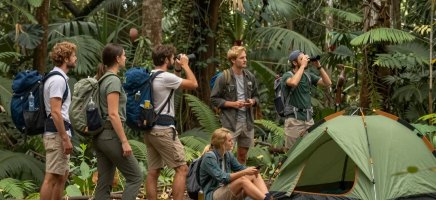 A group of adventurous travelers exploring a lush, untouched forest. They are engaging in activities like hiking, birdwatching, and setting up a campsite. The scene captures the essence of rewilding, with vibrant greenery, diverse wildlife, and a sense of tranquility and connection to nature.