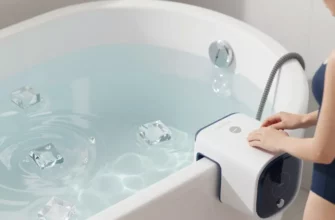 A detailed infographic-style illustration showing a modern bathroom with a white bathtub filled with ice water, featuring a sleek cold plunge chiller unit attached to the tub's side, clear water with visible ice cubes, and surrounding elements like towels, a timer, and a person in swimwear preparing to enter the tub, all rendered in clean, high-detail style with bright, natural lighting