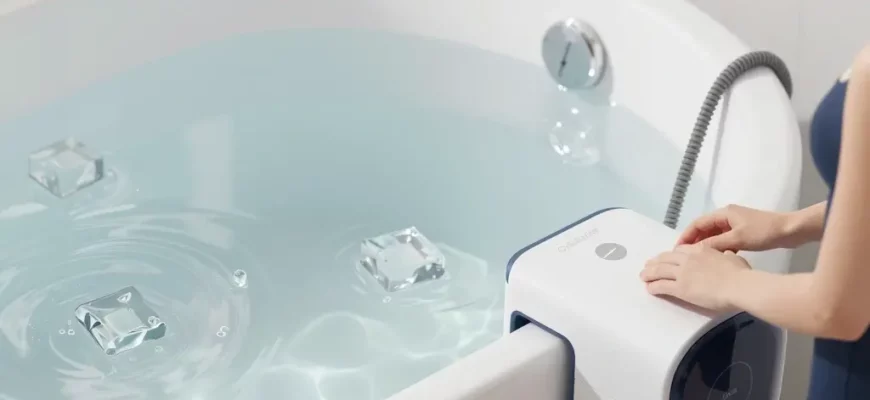 A detailed infographic-style illustration showing a modern bathroom with a white bathtub filled with ice water, featuring a sleek cold plunge chiller unit attached to the tub's side, clear water with visible ice cubes, and surrounding elements like towels, a timer, and a person in swimwear preparing to enter the tub, all rendered in clean, high-detail style with bright, natural lighting