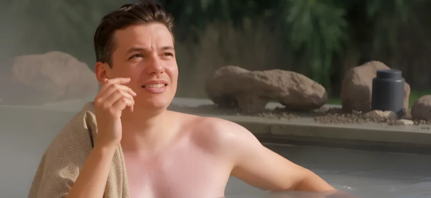 A serene outdoor setting with a person emerging from a cold plunge pool, wrapped in a towel, taking a deep breath and smiling, surrounded by natural elements like mist, stones, and greenery, emphasizing recovery and calm