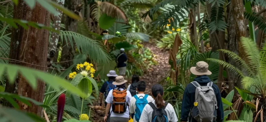 A serene forest path winding through lush greenery, symbolizing ecological restoration, with a diverse array of native plants and wildlife, and a person in outdoor gear gently guiding a group of volunteers along the trail, embodying the role of a rewilding facilitator, soft natural lighting, detailed textures, vibrant colors