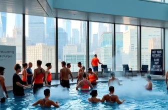 A vibrant, inviting scene of a modern cold plunge facility in New York City, featuring sleek, minimalist architecture with large glass windows overlooking a bustling urban skyline. Inside, a diverse group of people in athletic wear are preparing for or recovering from cold plunges, with steam rising from the water, towels neatly folded, and motivational signage about recovery and wellness. The atmosphere is clean, refreshing, and energetic, emphasizing health and community. Outside, a well-maint