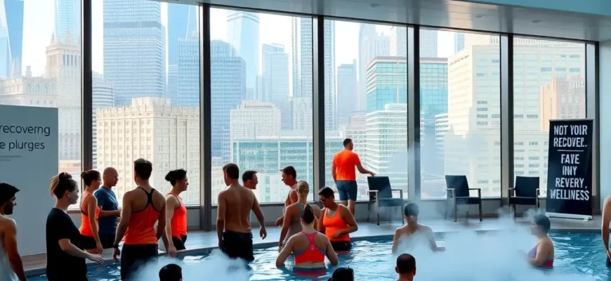 A vibrant, inviting scene of a modern cold plunge facility in New York City, featuring sleek, minimalist architecture with large glass windows overlooking a bustling urban skyline. Inside, a diverse group of people in athletic wear are preparing for or recovering from cold plunges, with steam rising from the water, towels neatly folded, and motivational signage about recovery and wellness. The atmosphere is clean, refreshing, and energetic, emphasizing health and community. Outside, a well-maint