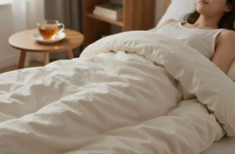 A cozy bedroom scene featuring a person lying on a plush microfiber weighted blanket, with soft ambient lighting, a small side table with a cup of tea, and a subtle hint of a bookshelf in the background. The blanket should be visible in detail, showcasing its smooth texture and gentle weight distribution, while the overall composition conveys warmth and comfort.