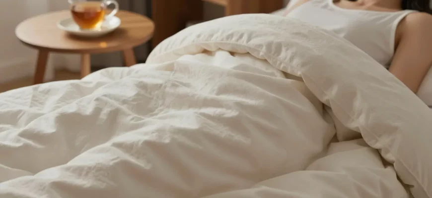 A cozy bedroom scene featuring a person lying on a plush microfiber weighted blanket, with soft ambient lighting, a small side table with a cup of tea, and a subtle hint of a bookshelf in the background. The blanket should be visible in detail, showcasing its smooth texture and gentle weight distribution, while the overall composition conveys warmth and comfort.