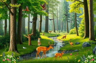 A lush, vibrant forest with diverse wildlife, including a family of deer grazing near a clear stream, a fox peeking from behind a tree, and birds flying overhead. The scene includes tall trees with green foliage, wildflowers, and a sense of natural harmony. The lighting is soft and natural, suggesting a peaceful daytime setting.
