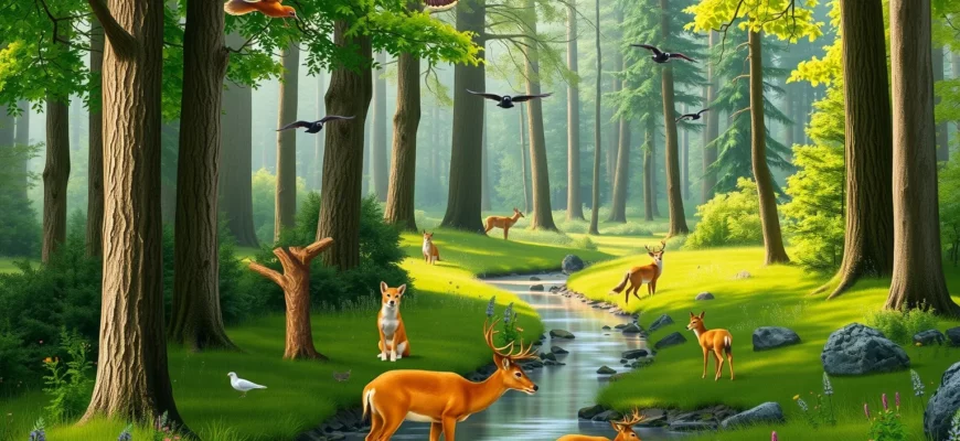 A lush, vibrant forest with diverse wildlife, including a family of deer grazing near a clear stream, a fox peeking from behind a tree, and birds flying overhead. The scene includes tall trees with green foliage, wildflowers, and a sense of natural harmony. The lighting is soft and natural, suggesting a peaceful daytime setting.