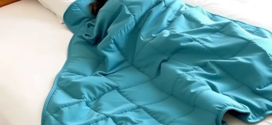 A cozy bedroom scene featuring a neatly made bed with a soft teal weighted blanket draped over it, a person relaxing comfortably under the blanket, and a clean, inviting atmosphere with natural lighting. The focus is on the blanket's texture and color, highlighting its suitability for comfort and sleep.