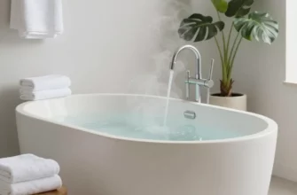 A clean, modern bathroom scene featuring a sleek, minimalist cold plunge tub made of smooth white ceramic or stone, positioned centrally with steam gently rising from the water, surrounded by neatly arranged towels, a small wooden stool, and a potted plant, with soft natural lighting and a calm, inviting atmosphere