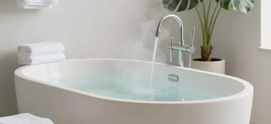 A clean, modern bathroom scene featuring a sleek, minimalist cold plunge tub made of smooth white ceramic or stone, positioned centrally with steam gently rising from the water, surrounded by neatly arranged towels, a small wooden stool, and a potted plant, with soft natural lighting and a calm, inviting atmosphere