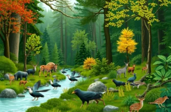 A lush, vibrant forest scene showing diverse wildlife and thriving vegetation, symbolizing ecological recovery and rewilding, with flowing river and birds in flight, no text or letters