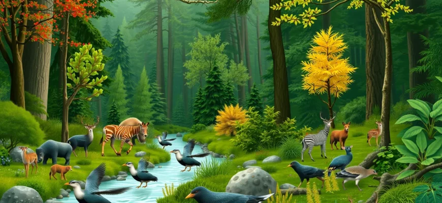A lush, vibrant forest scene showing diverse wildlife and thriving vegetation, symbolizing ecological recovery and rewilding, with flowing river and birds in flight, no text or letters
