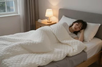 A cozy bedroom scene showing a person peacefully sleeping under a weighted blanket on a bed, with soft ambient lighting, a nightstand with a lamp and a book nearby, and a window showing a calm night sky. The weighted blanket is visibly textured and evenly distributed, emphasizing comfort and safety.
