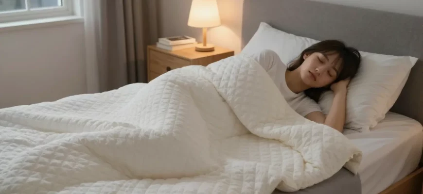 A cozy bedroom scene showing a person peacefully sleeping under a weighted blanket on a bed, with soft ambient lighting, a nightstand with a lamp and a book nearby, and a window showing a calm night sky. The weighted blanket is visibly textured and evenly distributed, emphasizing comfort and safety.