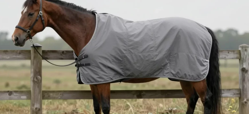 A medium weight horse turnout blanket in a neutral gray color, displayed on a wooden fence in a grassy pasture under soft daylight, with a calm brown horse wearing it comfortably, showing the blanket's durable waterproof fabric, adjustable straps, and tail flap, with subtle stitching details visible, no text or logos on the blanket
