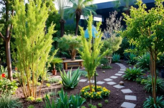 A vibrant and lush garden scene showcasing the process of rewilding with Margosa trees. The image should include various stages of growth, from young saplings to mature trees, surrounded by diverse native plants and wildlife. The setting should be a well-maintained garden with clear signs of human care and intervention, such as garden tools, pathways, and a small seating area. The overall atmosphere should be serene and inviting, emphasizing the harmony between nature and human effort.