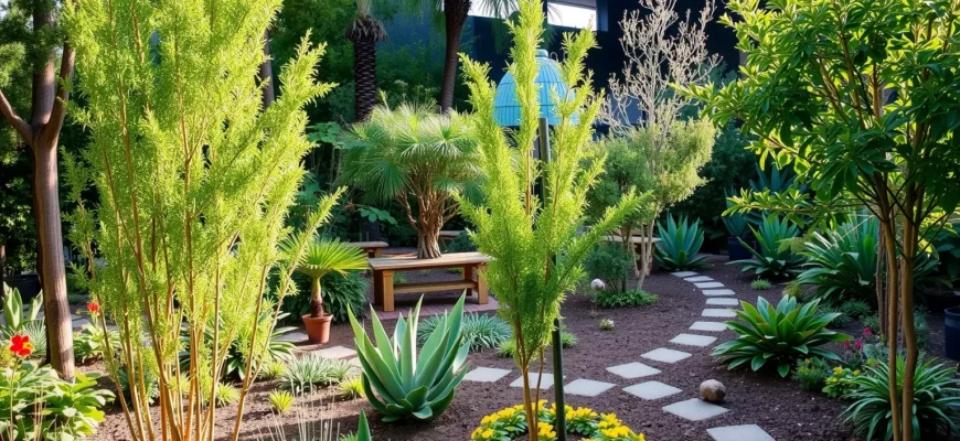 A vibrant and lush garden scene showcasing the process of rewilding with Margosa trees. The image should include various stages of growth, from young saplings to mature trees, surrounded by diverse native plants and wildlife. The setting should be a well-maintained garden with clear signs of human care and intervention, such as garden tools, pathways, and a small seating area. The overall atmosphere should be serene and inviting, emphasizing the harmony between nature and human effort.