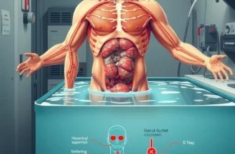 A scientific illustration showing a human body undergoing a cold plunge, with visible physiological effects like blood vessel constriction and shivering muscles, alongside a detailed diagram of the nervous system and circulatory system responding to cold exposure, set in a modern laboratory environment with medical equipment and temperature gauges