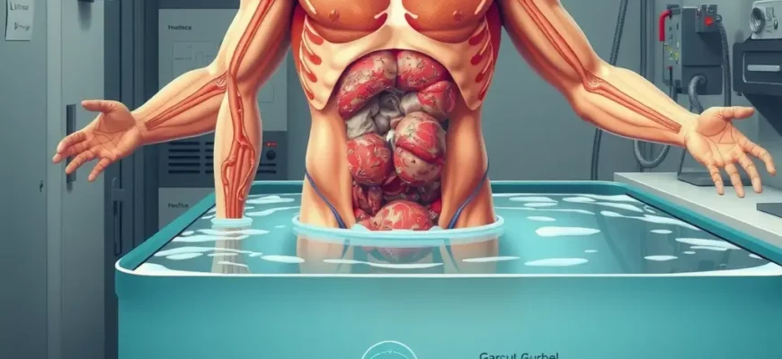 A scientific illustration showing a human body undergoing a cold plunge, with visible physiological effects like blood vessel constriction and shivering muscles, alongside a detailed diagram of the nervous system and circulatory system responding to cold exposure, set in a modern laboratory environment with medical equipment and temperature gauges