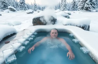 A serene, icy landscape featuring a person in a small, rectangular cold plunge tub filled with crystal-clear, sub-zero water, surrounded by snow-covered rocks and frosted pine trees under a pale winter sky, with visible breath vapor rising from the water and a sense of calm focus on the therapeutic experience
