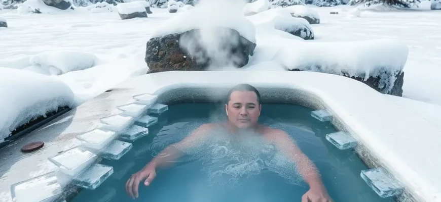A serene, icy landscape featuring a person in a small, rectangular cold plunge tub filled with crystal-clear, sub-zero water, surrounded by snow-covered rocks and frosted pine trees under a pale winter sky, with visible breath vapor rising from the water and a sense of calm focus on the therapeutic experience