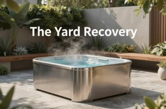 A modern outdoor recovery yard with a sleek cold plunge tub made of brushed stainless steel, surrounded by natural stone paving, lush greenery, and minimalist wooden benches. Soft morning light casts gentle shadows, with steam rising subtly from the tub’s surface. In the background, a discreet sign reads 'The Yard Recovery' in clean, sans-serif typography. No text or logos visible on the tub or surroundings — only the implied branding through context.
