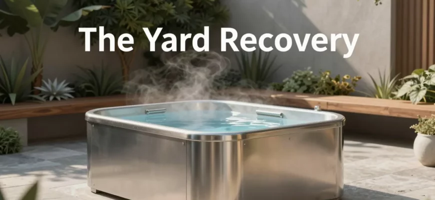 A modern outdoor recovery yard with a sleek cold plunge tub made of brushed stainless steel, surrounded by natural stone paving, lush greenery, and minimalist wooden benches. Soft morning light casts gentle shadows, with steam rising subtly from the tub’s surface. In the background, a discreet sign reads 'The Yard Recovery' in clean, sans-serif typography. No text or logos visible on the tub or surroundings — only the implied branding through context.