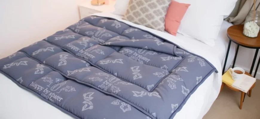 A cozy bedroom scene with a neatly made bed featuring a weighted blanket in a calming color, such as blue or gray. The room should have soft lighting, perhaps from a bedside lamp, and a few decorative pillows on the bed. A small table next to the bed holds a book and a cup of tea, suggesting relaxation and comfort.