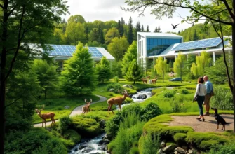 A harmonious blend of nature and modern business: a lush green forest seamlessly merging with a sleek, eco-friendly corporate campus featuring solar-paneled buildings, walking trails through native vegetation, and diverse professionals in business attire collaborating outdoors near a flowing stream, with deer and birds visible in the background, symbolizing rewilding and sustainable growth