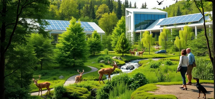 A harmonious blend of nature and modern business: a lush green forest seamlessly merging with a sleek, eco-friendly corporate campus featuring solar-paneled buildings, walking trails through native vegetation, and diverse professionals in business attire collaborating outdoors near a flowing stream, with deer and birds visible in the background, symbolizing rewilding and sustainable growth