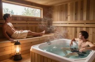 A cozy home sauna interior with wooden benches and a glowing heater, next to a modern cold plunge tub with clear water, steam rising gently, natural light from a window, and a person relaxing in the sauna wearing a towel, while another person prepares to enter the cold plunge, showcasing comfort and wellness