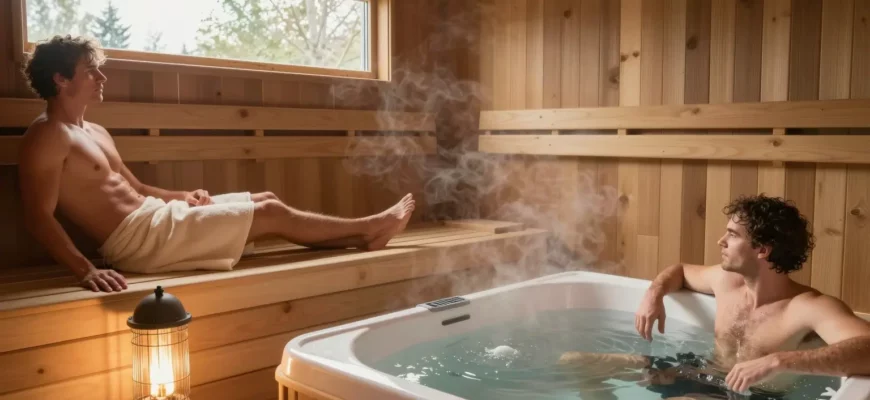 A cozy home sauna interior with wooden benches and a glowing heater, next to a modern cold plunge tub with clear water, steam rising gently, natural light from a window, and a person relaxing in the sauna wearing a towel, while another person prepares to enter the cold plunge, showcasing comfort and wellness