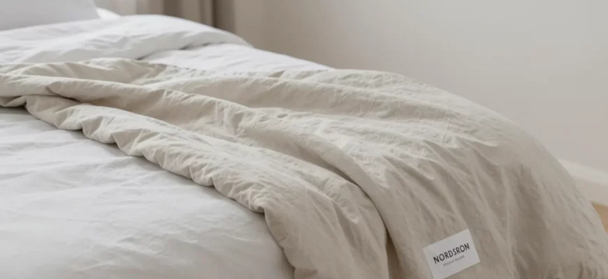 A serene bedroom scene featuring a neatly made bed with a soft, neutral-toned weighted blanket draped over it, accompanied by a small label or tag that reads 'Nordstrom Weighted Blanket' without any text or numbers on the blanket itself, soft natural lighting, minimalistic decor, and a calm atmosphere